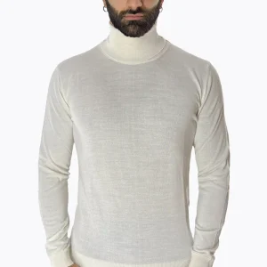 Maglione collo alto uomo panna in lana merinos slim fit made in italy tinta unita