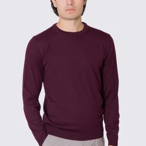 Maglioncino da uomo girocollo bordeaux in lana merinos slim fit made in italy tinta unita