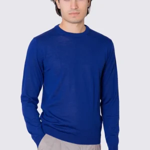 Maglioncino da uomo girocollo royal blu in lana merinos slim fit made in italy tinta unita