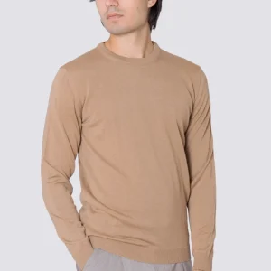 Maglioncino da uomo girocollo beige in lana merinos slim fit made in italy tinta unita