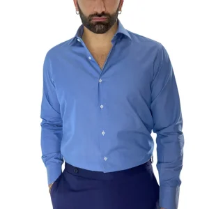 Camicia Uomo regular fit in cotone 100% denim chiaro Collo semi francese