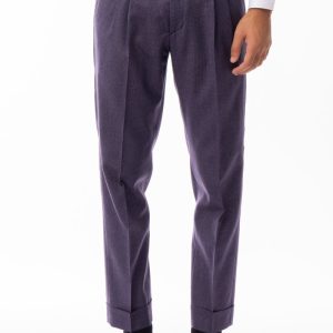 Pantalone uomo viola fantasia pied de poule vita alta tasca america in lana flanella con doppia pinces