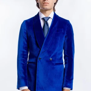 Giacca  uomo doppiopetto royal blu in velluto liscio Holland & Sherry con rever a scialle