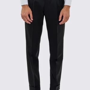 Pantalone uomo nero vita alta doppia pinces in fresco lana super 130’s Vitale Barberis Canonico risvolto 5cm
