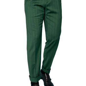 Pantalone uomo verde gessato celeste vita alta doppia pinces in fresco lana super 130’s