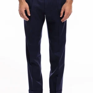 Pantalone uomo navy blu chiusura prolungata doppia pinces in fresco lana super 140’s Holland & Sherry
