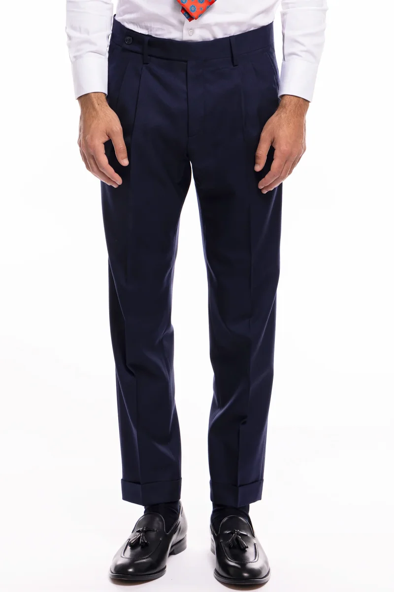 Pantalone uomo navy blu chiusura prolungata doppia pinces in fresco lana super 140’s Holland & Sherry
