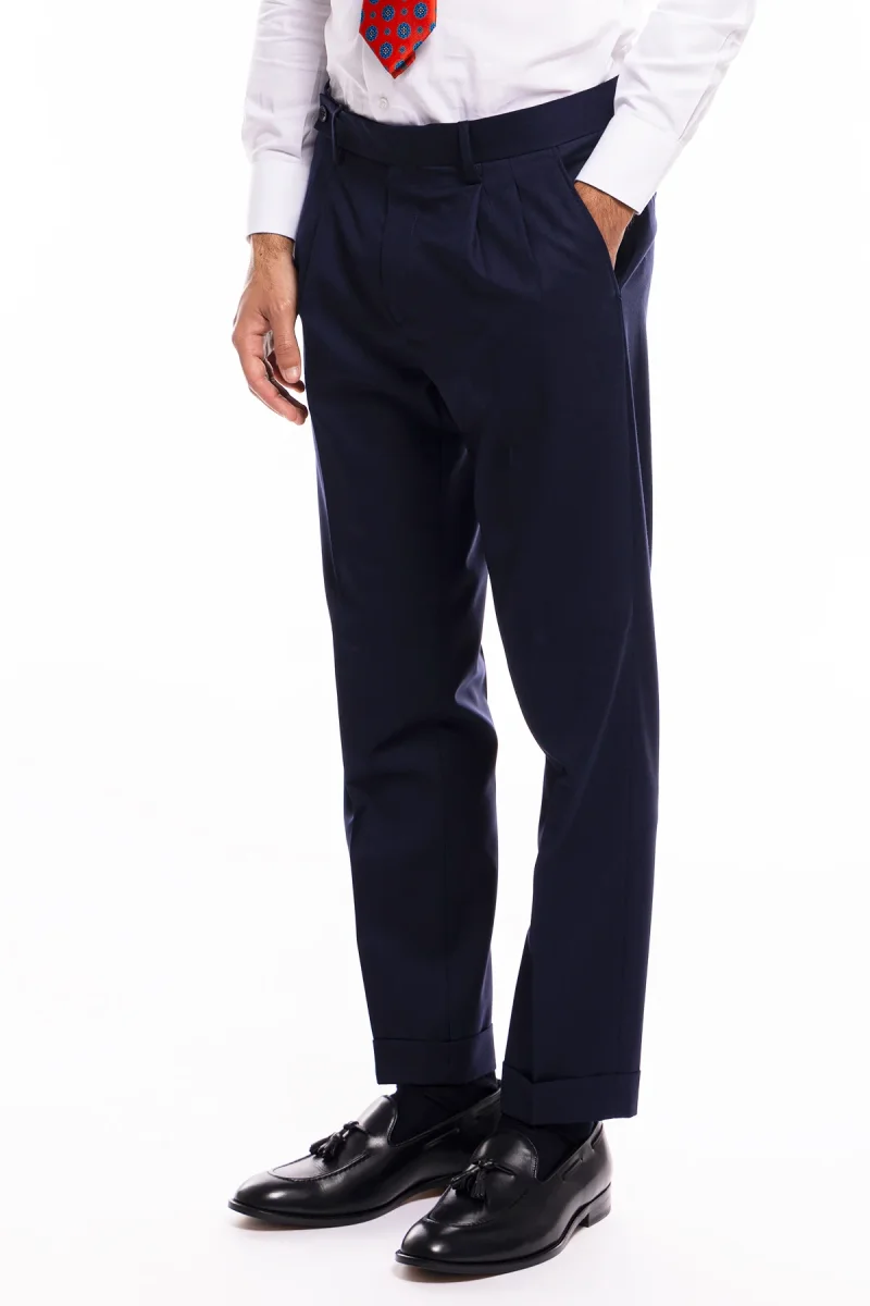 Pantalone uomo navy blu chiusura prolungata doppia pinces in fresco lana super 140’s Holland & Sherry - immagine 4