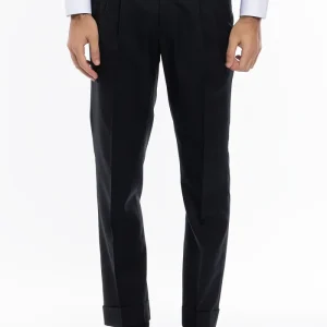 Pantalone uomo nero chiusura prolungata doppia pinces in fresco lana super 140’s Holland & Sherry