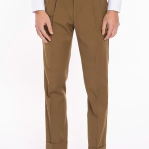 Pantalone uomo cammello chiusura prolungata doppia pinces in fresco lana misto
