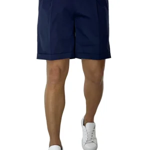 Bermuda uomo blu in cotone elastico chiusura prolungata doppia pinces