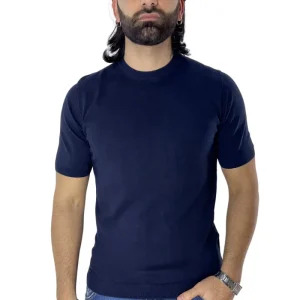 Maglioncino da uomo navy blu mezze maniche 100% cotone di filo finezza 14 tinta unita