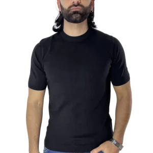 Maglioncino da uomo nero mezze maniche 100% cotone di filo finezza 14 tinta unita