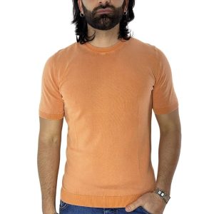 Maglioncino da uomo arancio mezze maniche 100% cotone stone wash di filo finezza 14 tinta unita