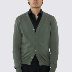 Cardigan da uomo Verde militare maniche lunghe 100% cotone di filo finezza 12 tinta unita