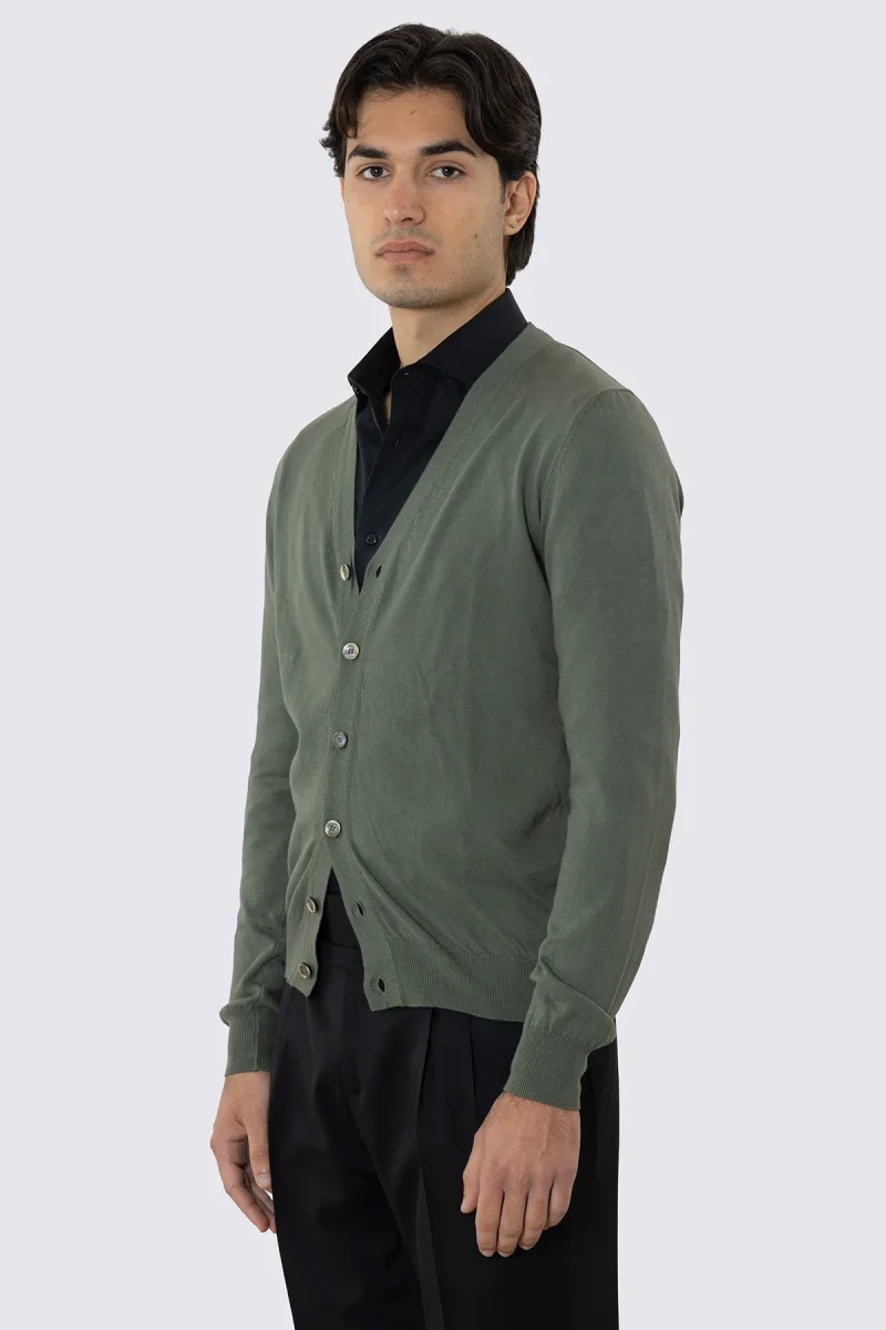 Cardigan da uomo Verde militare maniche lunghe 100% cotone di filo finezza 12 tinta unita - immagine 3