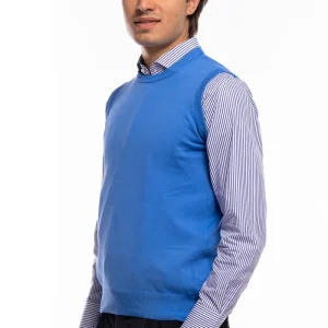Gilet da uomo azzurro 100% cotone di filo finezza 12 tinta unita