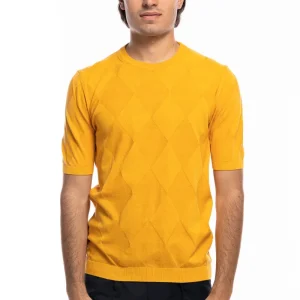 Maglioncino da uomo Giallo mezze maniche 100% cotone di filo finezza 14 trama rombi tono su tono