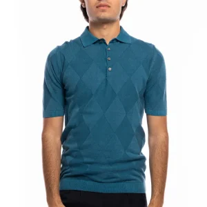 Polo da uomo petrolio mezze maniche 100% cotone di filo finezza 14 trama rombi tono su tono