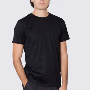 T-shirt da uomo filo di scozia nera 100% cotone slim fit tinta unita Made In Italy..