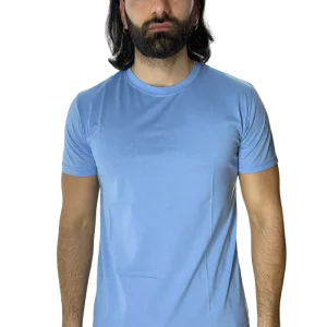 T-shirt da uomo filo di scozia celeste 100% cotone slim fit tinta unita Made In Italy