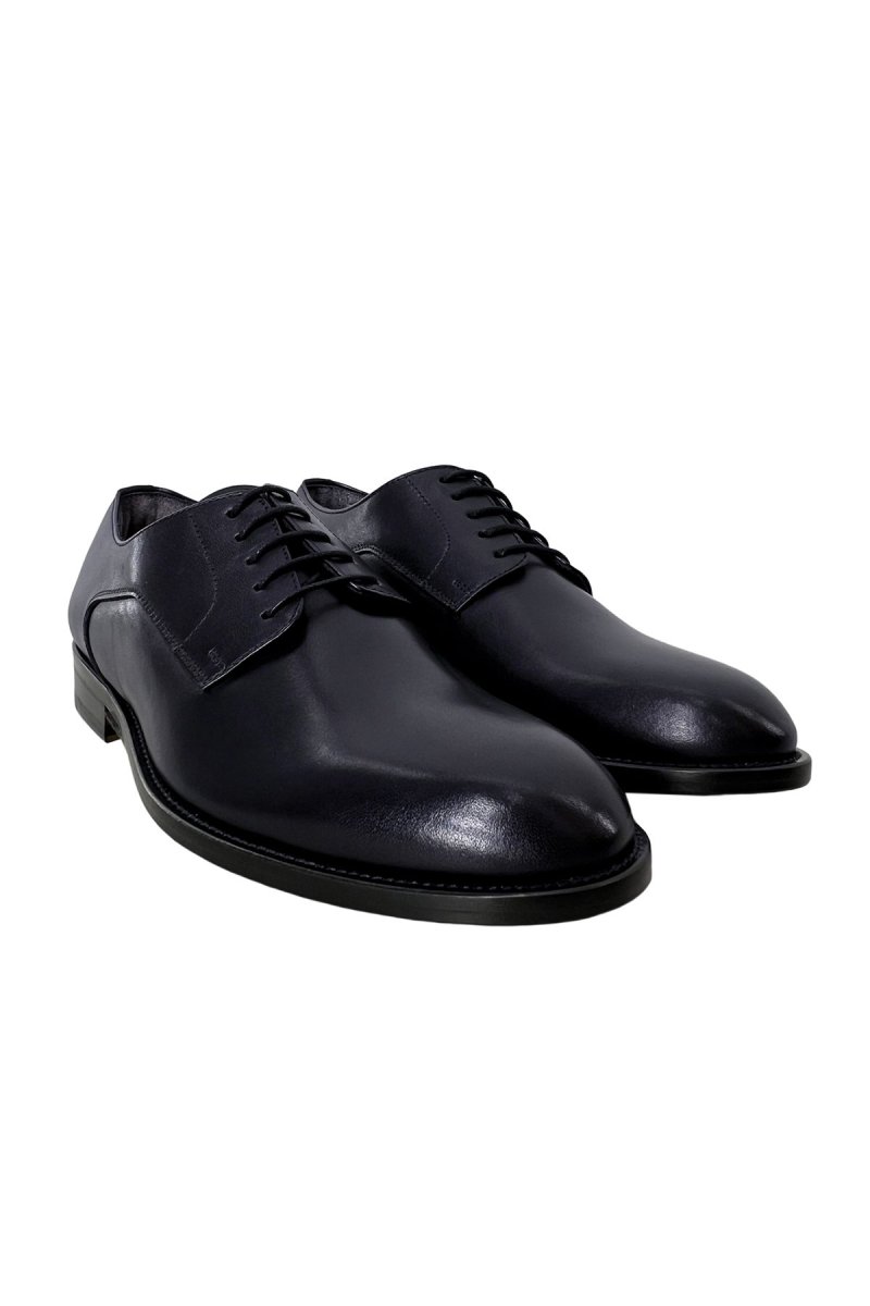 Scarpe stringate da uomo navy blu modello derby in vera pelle con chiusura lacci e suola in cuoio - immagine 4