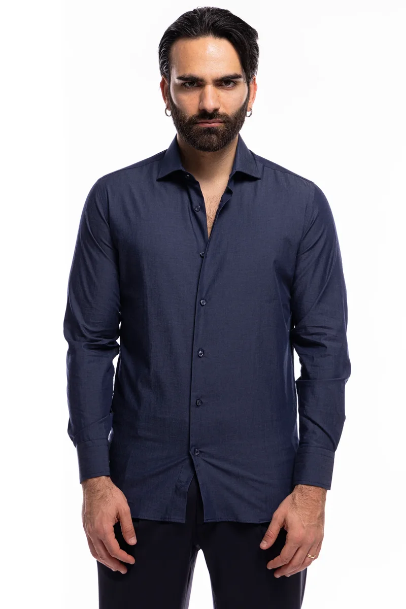Camicia Uomo regular fit in cotone 100% denim scuro Collo semi francese - immagine 5