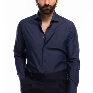 Camicia Uomo regular fit in cotone 100% denim scuro Collo semi francese