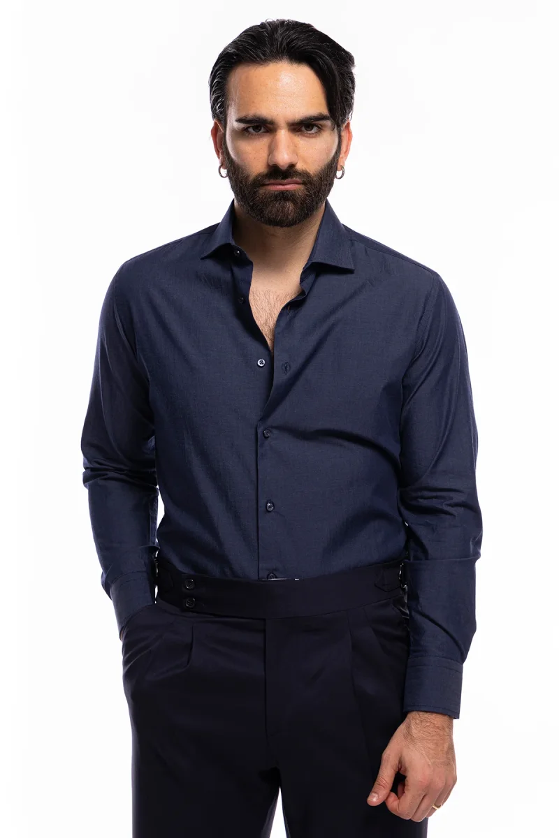 Camicia Uomo regular fit in cotone 100% denim scuro Collo semi francese - immagine 2