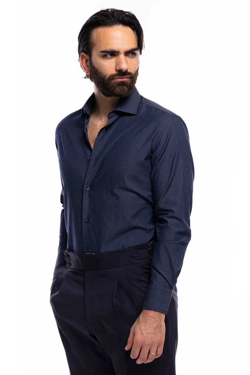 Camicia Uomo regular fit in cotone 100% denim scuro Collo semi francese - immagine 3