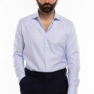 Camicia Uomo regular fit in cotone 100% fantasia pied de poule celeste Collo semi francese