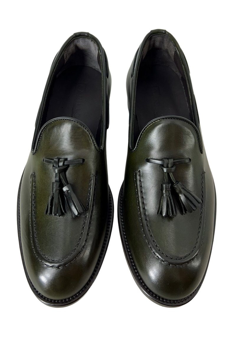 Mocassini uomo verde militare in vera pelle con nappine e suola in cuoio made in italy - immagine 3