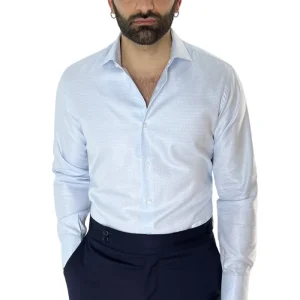 Camicia Uomo Slim fit in cotone 100% fantasia pied de poule celeste Collo semi francese