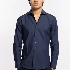 Camicia Uomo slim fit in cotone 100% denim scuro Collo semi francese