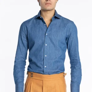 Camicia Uomo slim fit in cotone 100% effetto denim Collo semi francese