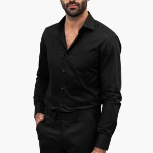 Camicia Uomo Slim Fit elasticizzata Tinta unita in cotone effetto seta collo semi francese