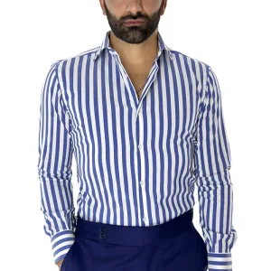 Camicia Uomo Righe Larghe slim fit cotone elastico Collo semi francese Made In Italy