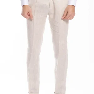Pantalone uomo beige di lino 100%  tasca america con una pinces e risvolto 4cm