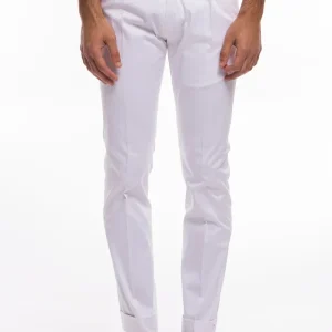 Pantalone uomo Bianco di cotone leggermente elastico tasca america con una pinces e risvolto 4cm
