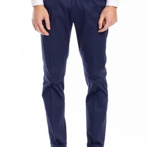Pantalone uomo Navy blu di cotone leggermente elastico tasca america con una pinces e risvolto 4cm
