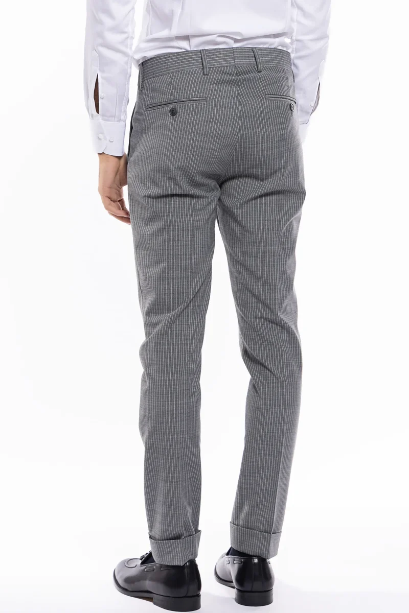 Pantalone uomo grigio fresco lana fantasia riga bianca tasca america con una pinces e risvolto 4cm - immagine 5