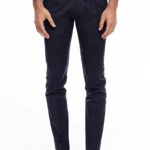 Pantalone uomo blu fresco lana fantasia riga tasca america con una pinces e risvolto 4cm