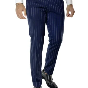 Pantalone uomo blu gessato fresco lana tasca america con una pinces e risvolto 4cm
