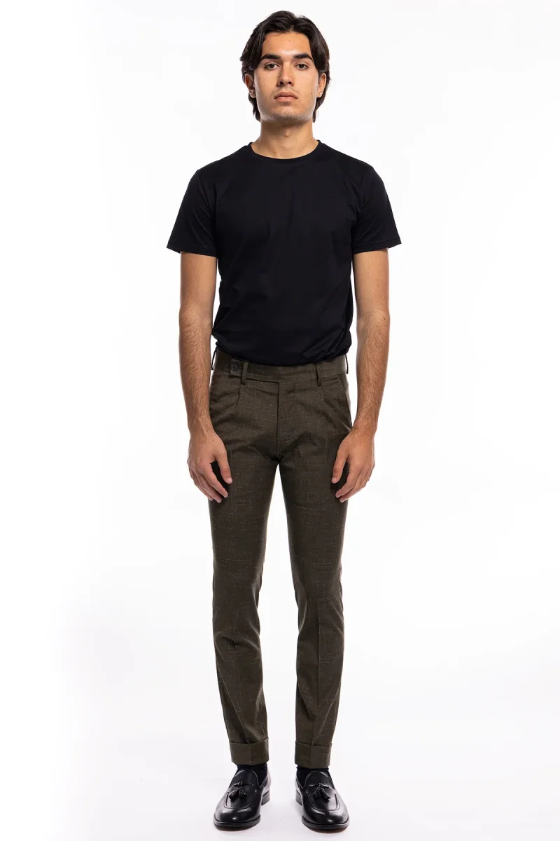 Pantalone uomo verde extra slim militare pied de poule fresco lana tasca america con una pinces e risvolto 4cm. - immagine 3