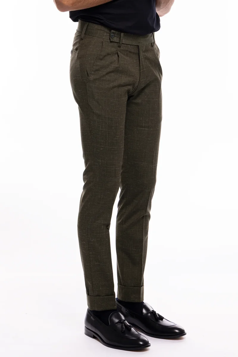 Pantalone uomo verde extra slim militare pied de poule fresco lana tasca america con una pinces e risvolto 4cm. - immagine 4