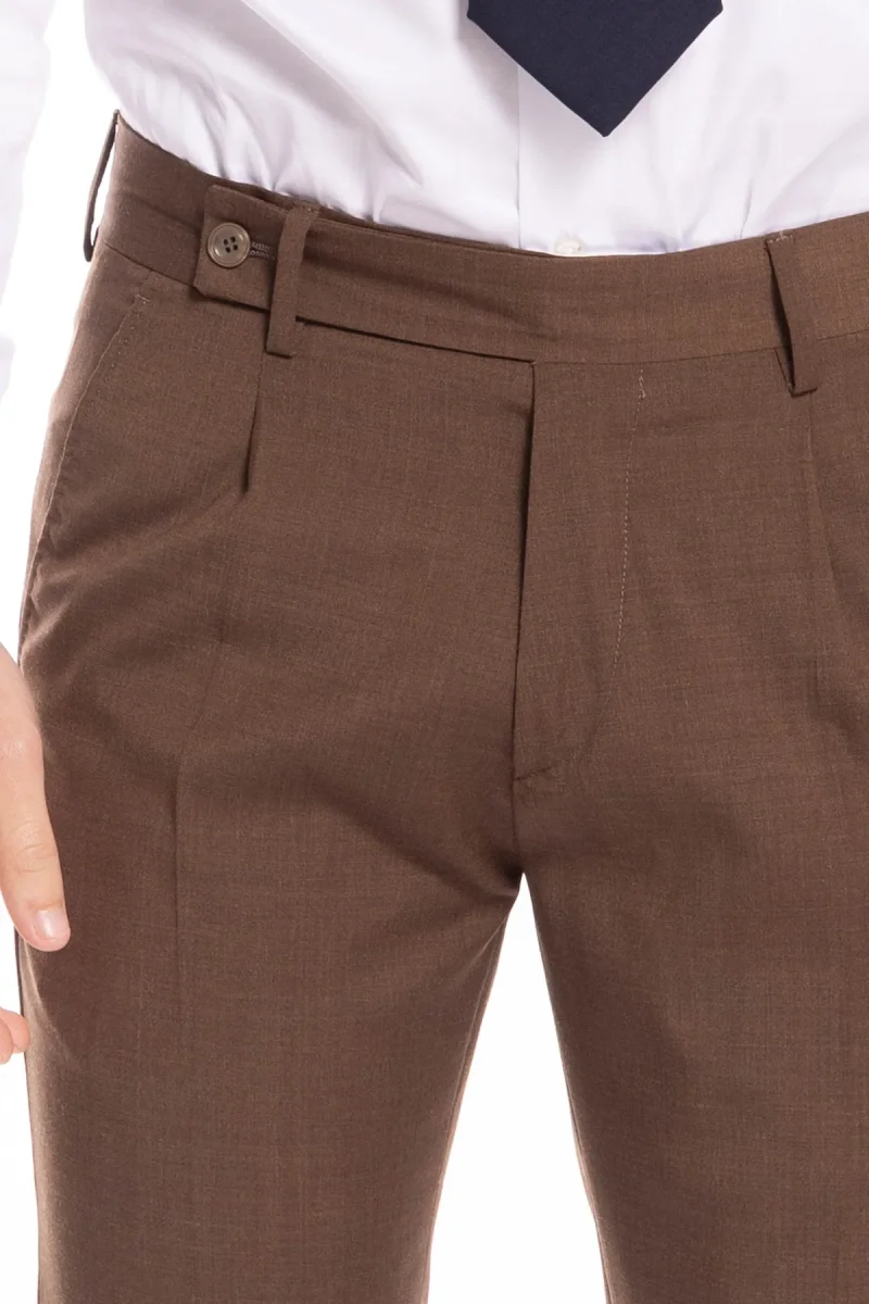 Pantalone uomo Marrone fresco lana tasca america con una pinces e risvolto 4cm - immagine 6
