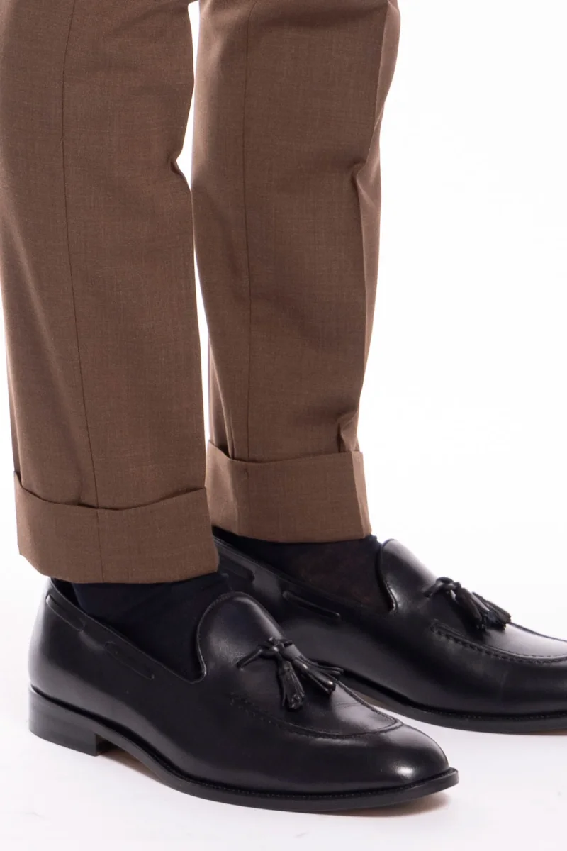 Pantalone uomo Marrone fresco lana tasca america con una pinces e risvolto 4cm - immagine 7