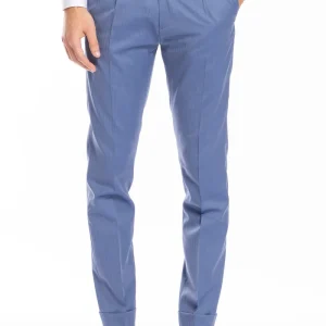 Pantalone uomo celeste Solaro fresco lana e seta Holland & Sherry tasca america con una pinces e risvolto 4cm