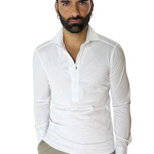Polo camicia da uomo bianca manica lunga in filo di scozia 100% made in italy