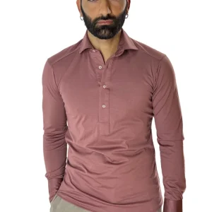 Polo camicia da uomo rosa antico manica lunga in filo di scozia 100% made in italy